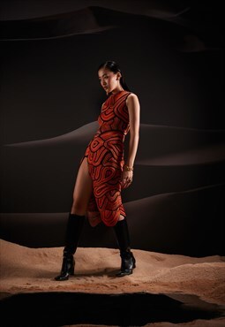Swirl High-Slit Midi Dress in Orange