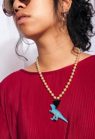 REWORKED VINTAGE DINOSAUR NECKLACE W BLACK VINYL TRIANGLE