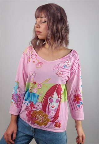 VINTAGE Y2K SOFT KNIT TOP BARBIE CARTOON PINK BLOUSE