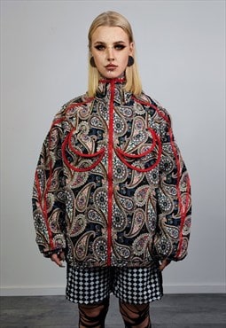 Paisley denim jacket red bandanna hooded bomber cashew coat