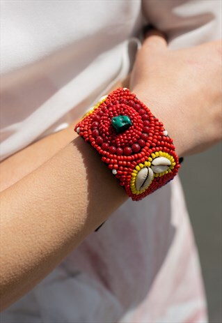 RED BRACELET TIE BACK ADJUSTABLE SHELL TURQUOISE STONE