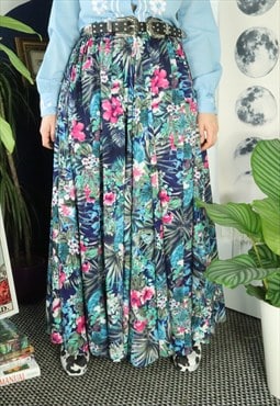Vintage Y2K Blue Hawaiian Floral Flower Festival Maxi Skirt