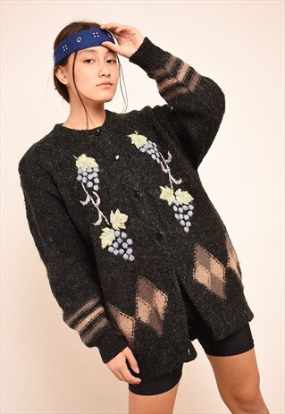 80'S RETRO GRAPE EMBROIDERED JAZZY KNIT CARDIGAN
