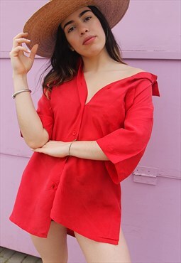 Red Silky Oversized Short Sleeve Shirt