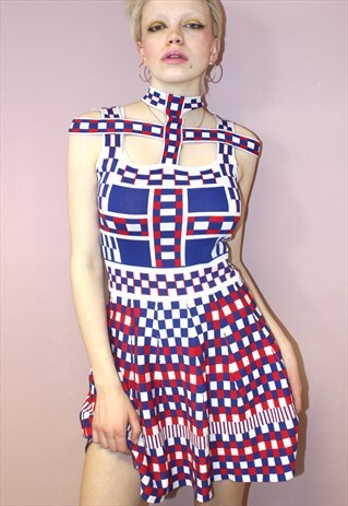 VINTAGE 1970'S MULTI COLOR CHECKER ALTERNATE SKATER DRESS
