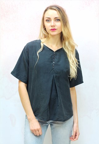 1990S VINTAGE BLACK SILK OVERSIZED SHORT SLEEVE TOP