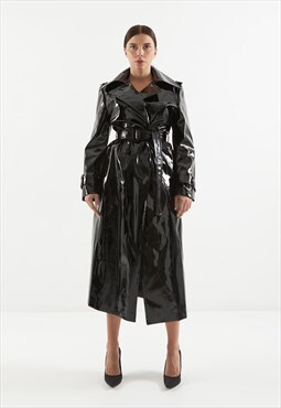 inyl faux leather belted trench coat in black