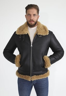 Mens Shearling Aviator Jacket - Silky Brown / Ginger Curly W