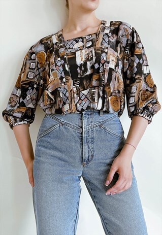 VINTAGE 80S ABSTRACT SQUARE NECKLINE PUFF SLEEVE BLOUSE S/M