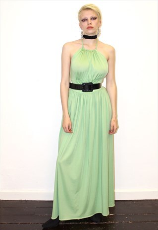 70S VINTAGE GREEN HALTERNECK MAXI BOHO PROM PARTY DRESS