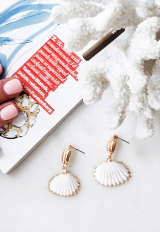 NEW WHITE GOLD DIPPED SCALLOP SHELL DROP DANGLE EARRINGS