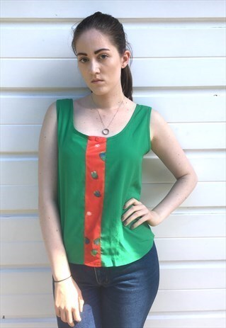 WOMENS VINTAGE 80S VEST TOP ABSTRACT GREEN SLEEVELESS BLOUSE