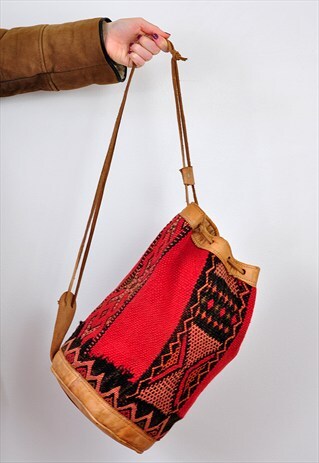 AZTEC DESIGN LEATHER AND TAPESTRY RUCKSACK