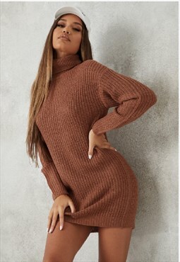 Chocolate Brown Roll Neck Knitted Jumper Dress