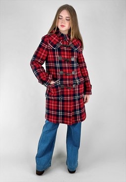 Vintage E.LAND  Ladies Red Tarten Check Hooded Duffle Coat