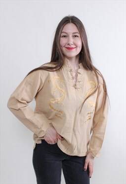 Vintage Asian kimono shirt, dragon embroidery top LARGE size