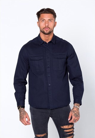 ESSENTIAL BUTTON UP SHACKET JACKET OVER SHIRT - NAVY BLUE