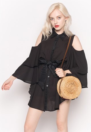 COLD SHOULDER SHIRT WITH FLARED SLEEVES AND MESH BACK BLACK