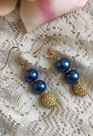 AMAYA. SWAROVSKI CRYSTAL AND BLUE GOLD PEARL DROP EARRINGS