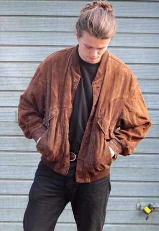 1980'S VINTAGE CHOCOLATE BROWN OVERSIZED SUEDE BOMBER JACKET