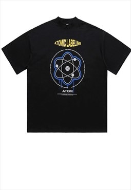 Atom print t-shirt science geek tee retro raver top in black