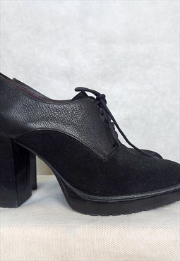 Black leather and suede chunky high heels, laced up, 38 size