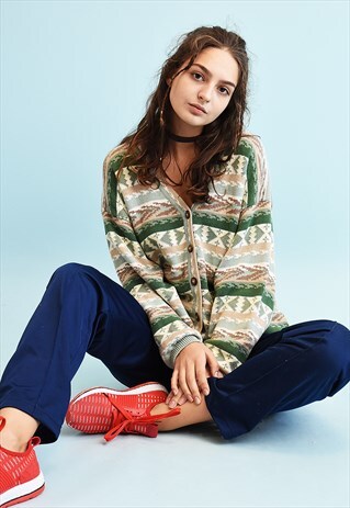 90'S RETRO OVERSIZED FAIR ISLE KNIT CARDIGAN TOP