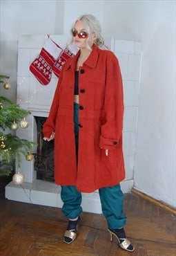 Vintage 90's warm long trench coat jacket in orange red 