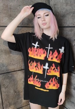 Burning cross print tee graffiti flame grunge t-shirt black