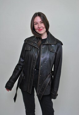 80s leather jacket, women vintage leather blazer black color