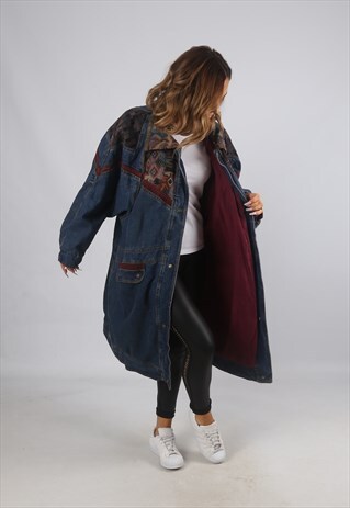 VINTAGE DENIM BOMBER JACKET OVERSIZED LONG UK 22 (C9AF)