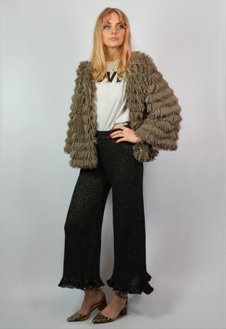 VINTAGE Y2K LIGHT GREY BROWN SHAGGY FAUX FUR JACKET