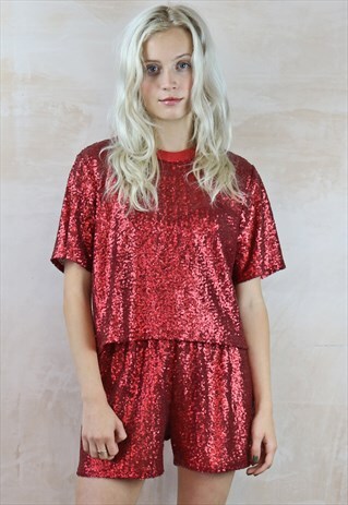 SEQUIN SHORTS & TOP CO-ORDINATES IN DEEP RED