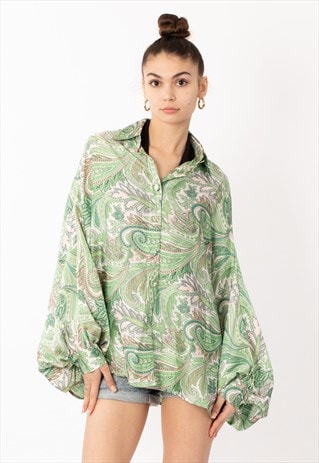 OVERSIZED LONG SLEEVE SHIRT IN GREEN PAISLEY SCARF PRINT