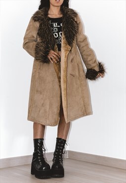Vintage y2k afghan coat in Beige with Faux Fur