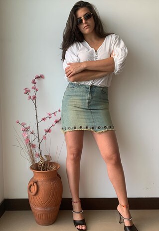 VINTAGE 90S MINI GREY DENIM SKIRT WITH STUDS AND STONES