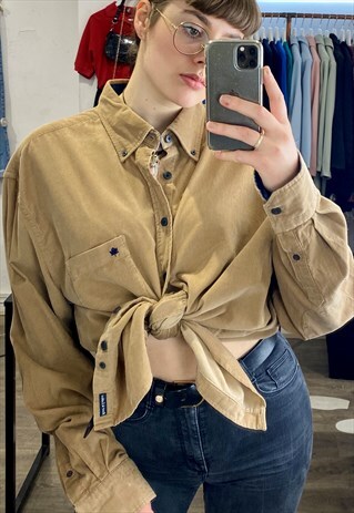 VINTAGE 90S CORDUROY SHIRT IN BEIGE W POCKETS & BLUE DETAILS