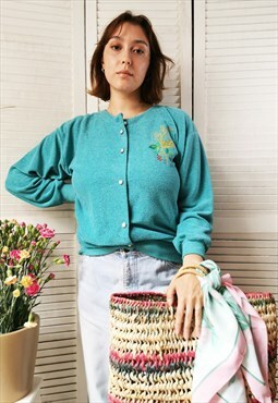 Vintage 80s turquoise terry cardigan with buttons