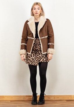 Vintage 90's Women Faux Sheepskin Jacket in Brown and Beige