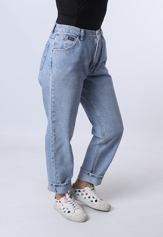 HIGH WAISTED DENIM JEANS TAPERED LEG VINTAGE UK 12 (F94F)