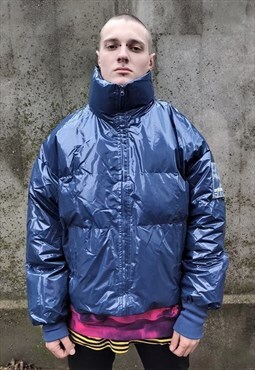 Shiny Plastic crop bomber quilted rave puffer jacket in blue