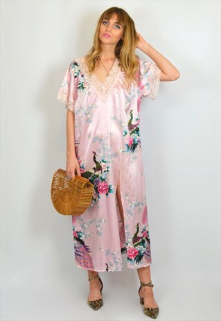 VINTAGE 90S PASTEL PINK BOHO LONG KIMONO FESTIVAL DRESS