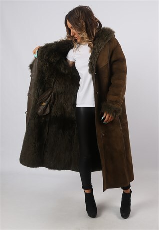 SHEEPSKIN SUEDE SHEARLING COAT HOODED LONG UK 14 (A8BM)