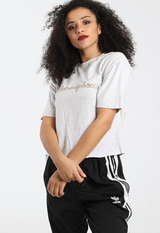 90S CHAMPION EMBROIDERED SPELL OUT CROPPED T-SHIRT