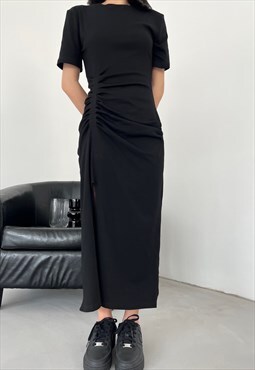 Front-pleat Slit Dress in Black