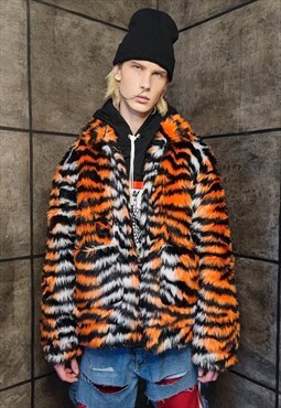 Faux fur tiger jacket zebra fleece tie-dye bomber in orange
