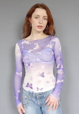 Vintage 90s purple butterfly mesh long sleeve top 