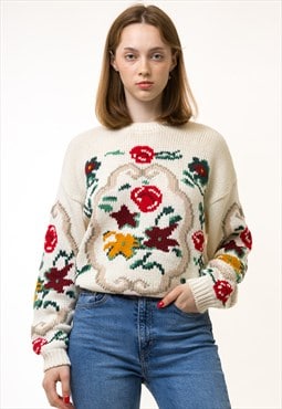 Vintage Cream White Knitted Embroidered Women Sweater 5697