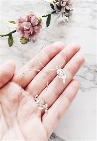 SILVER ROSE FLOWER HOOP EARRINGS