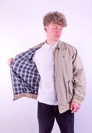VINTAGE RALPH LAUREN CHECK LINED HARRINGTON JACKET BEIGE XL